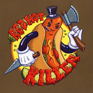 A murderous cartoon Chicago Red Hot sausage displayed as a logo with the text "Red Hot Killer". 