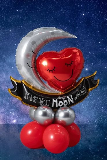 Heart and moon balloons with loving message.