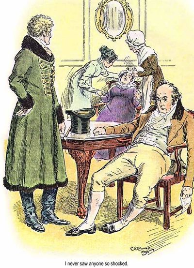 Victorian-era scene with shocked man and two women attending to an elderly lady.