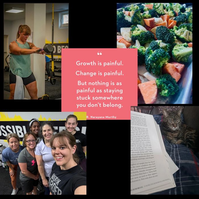 Woman exercising with a dumbbell in a gym setting.