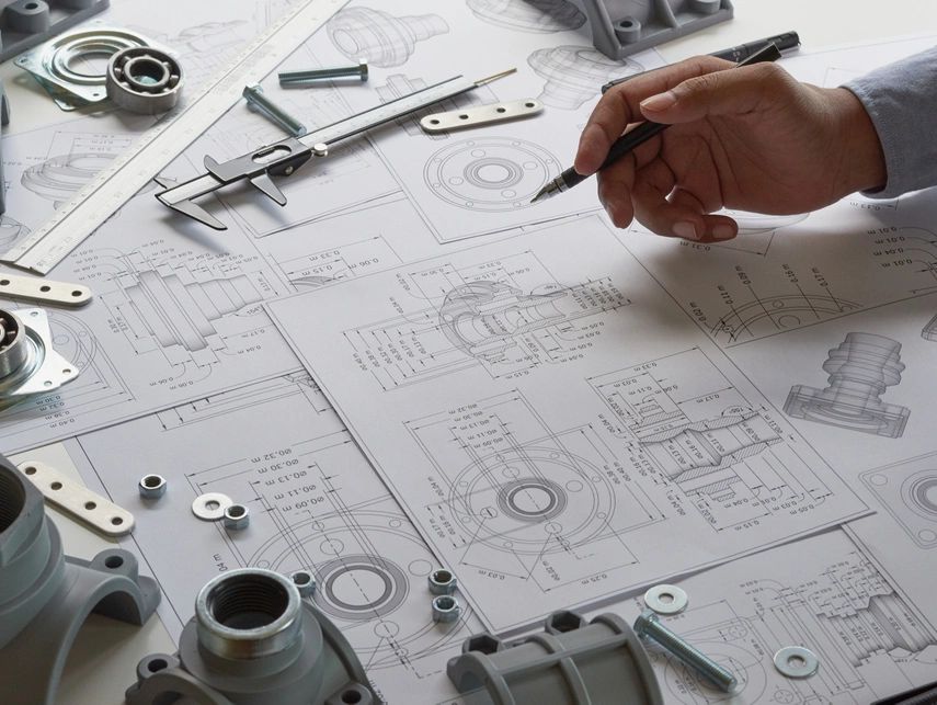 Engineer technician designing drawings mechanical parts engineering