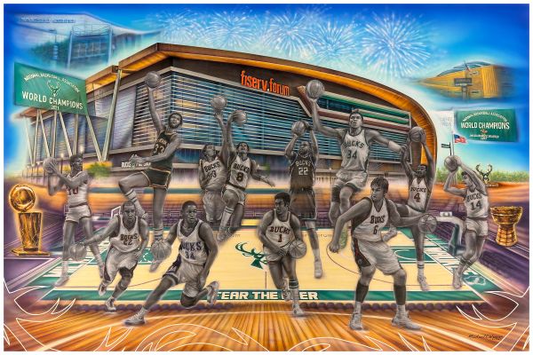 Mural celebrating Milwaukee Bucks' NBA championship at Fiserv Forum with iconic players and trophies.