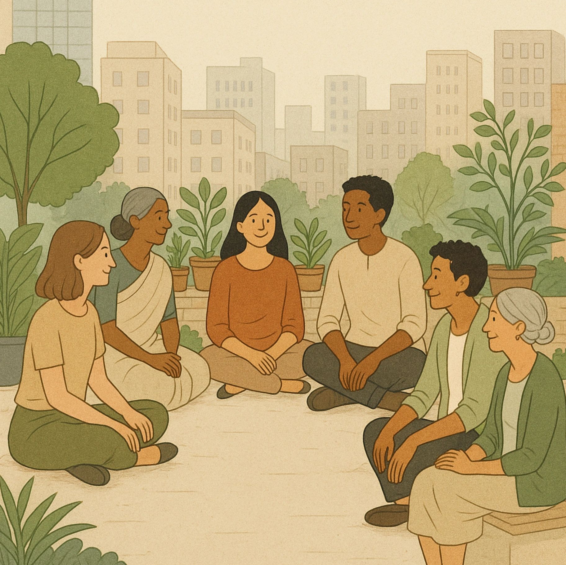 A warm, textured illustration for Anvaya featuring a diverse urban community. 