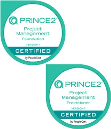 PRINCE2 Project Management Foundation and Practitioner certification badges.