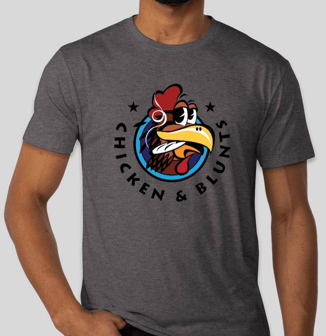 Gray t-shirt with cartoon chicken logo and text 'Chicken &amp; Blunts'.