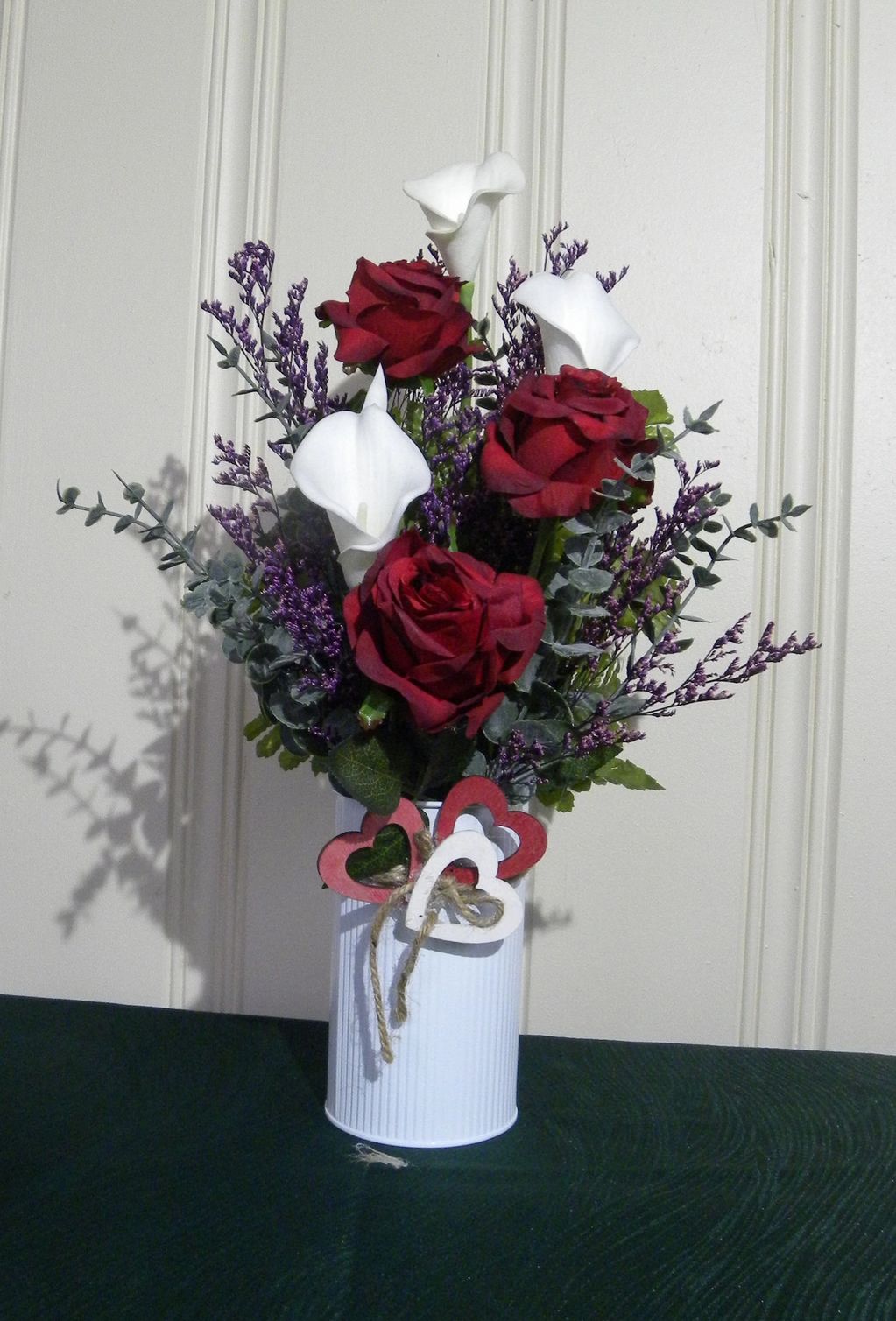 Roses and Calla Lily with Caspia and eucalyptus in tin Valentines container