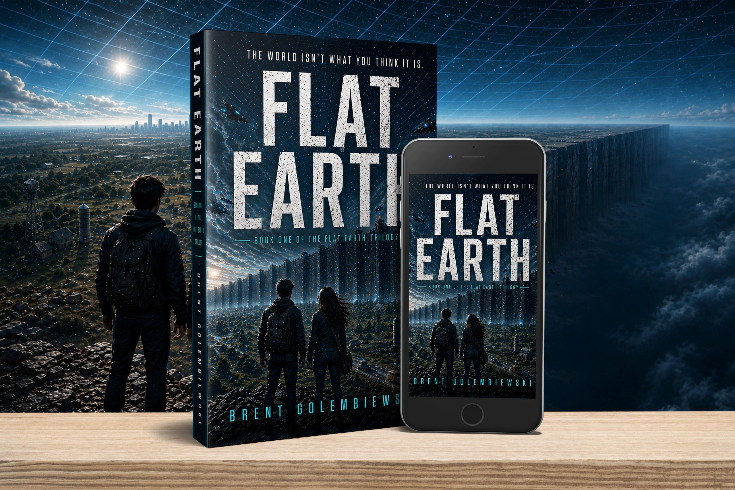 Book cover of "Flat Earth" by Brent Golembiewski with a futuristic cityscape and flat earth concept.