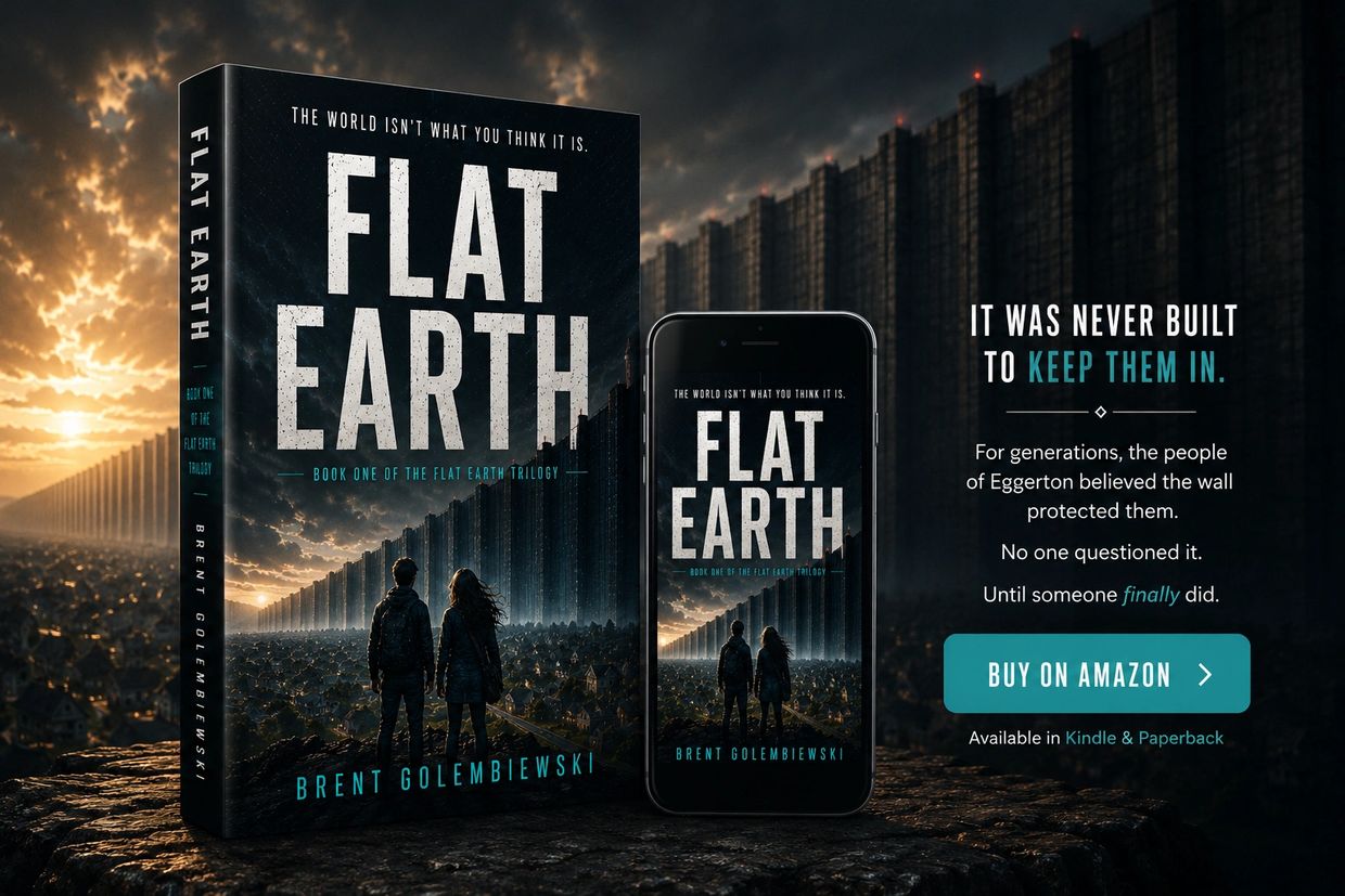 Book cover and ad for "Flat Earth" by Brent Golembiewski, featuring a dystopian wall and two figures.