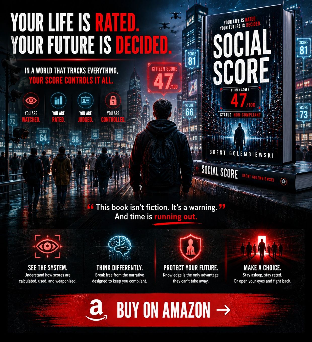 Book cover and advertisement for "Social Score" about life rating and control.