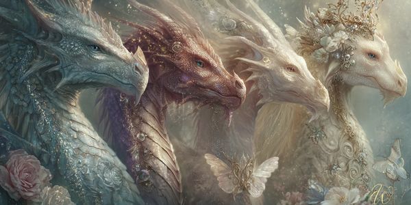Four Dragons, One Blue, One Red, One White and One White and Gold