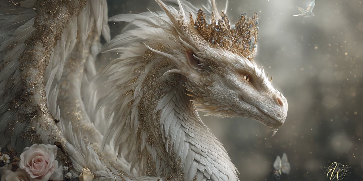 White and Gold Dragon with Golden Crown and pink roses