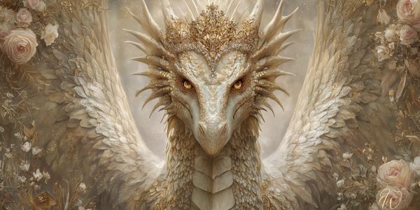 Regal White and Gold Dragon with a golden Crown and outstretched wings.