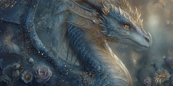 Blue Dragon with Golden Sparkles and Lavender Roses
