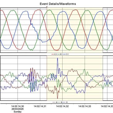 Graph showing three-phase waveforms with event details over time.
