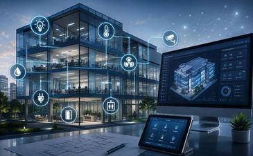 Smart building with integrated IoT controls and monitoring systems.