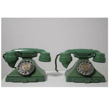 John  Dunbar, Phones for Robert (Fraser) 
collage on two telephones, 1968
each 6 x 10 x 6 inches 

