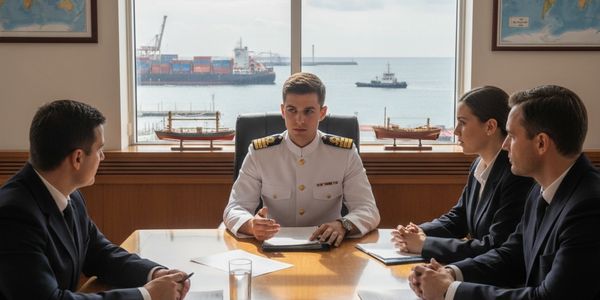 A naval officer leads a meeting with three colleagues by a window overlooking a harbor with ships.