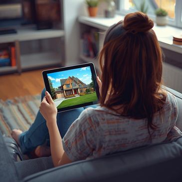 Female sitting on a couch and holding a tablet computer featuring image of a large house