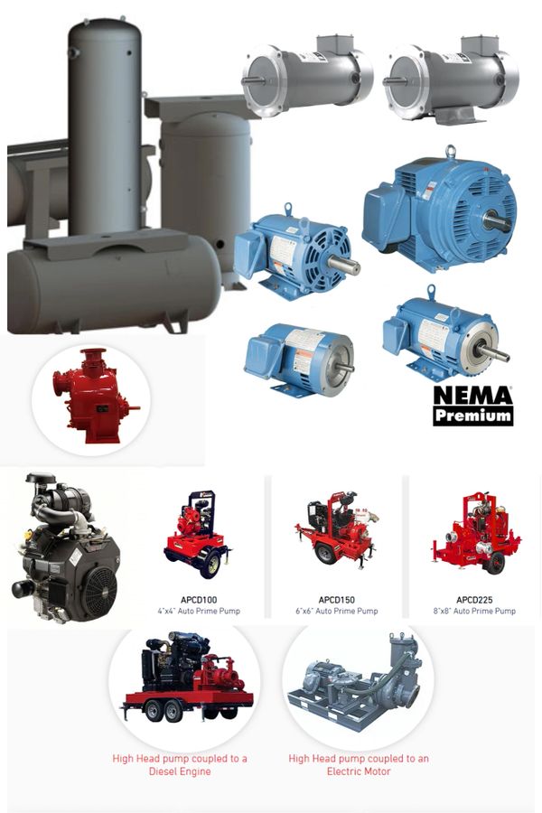 Various industrial pumps, electric motors, and diesel engines displayed for pumping applications.