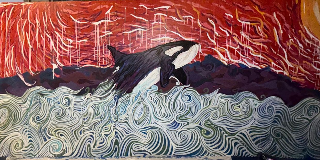 "The Release"
A 20' x 8' Orca mural painted by Larry White hanging on Port Angeles Building.