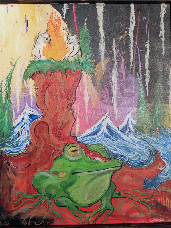 Teddybear Picnic
Surreal painting of three white bears around a flame above a green frog in a forest
