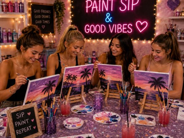 Friends enjoying a paint and sip night with vibrant sunset paintings.