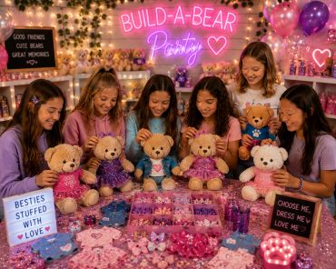 Girls enjoying a Build-A-Bear party with stuffed bears and decorations.