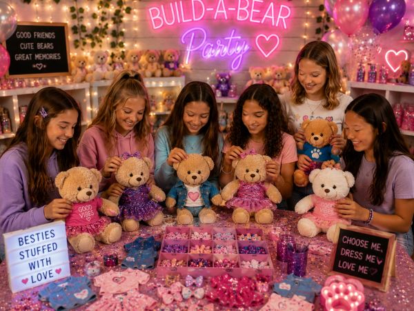 Girls enjoying a Build-A-Bear party making teddy bears.