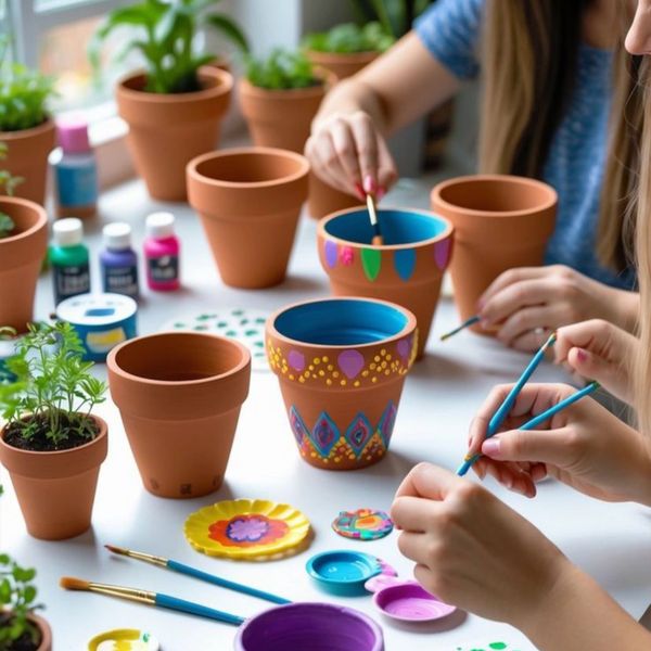 People painting terracotta pots with colorful designs indoors.