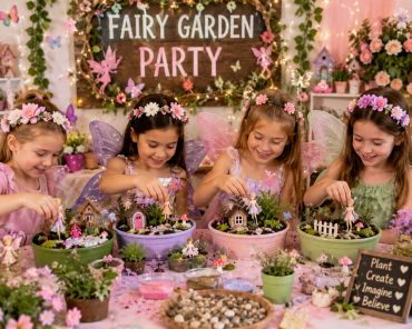 Four girls at a fairy garden party decorating miniature gardens with flowers and fairy figurines.