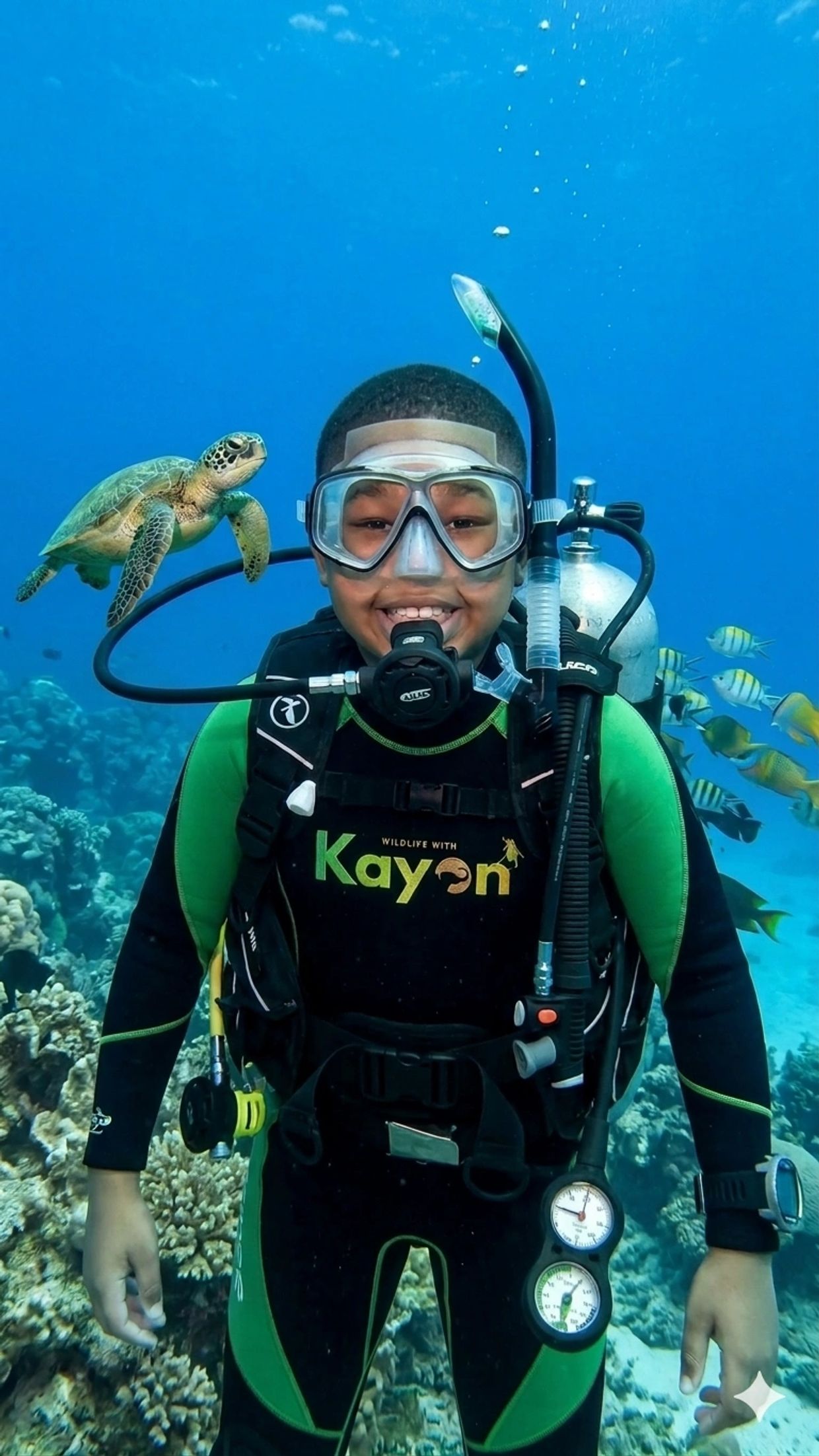 Smiling scuba diver underwater with a sea turtle and colorful fish.