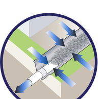Diagram showing fluid flow and particle capture in a filter system.