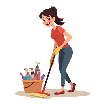 Young woman sweeping floor with cleaning supplies.