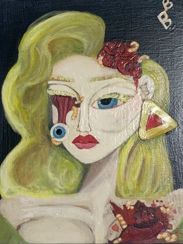 Surreal portrait of a woman with blonde hair and exposed brain elements.