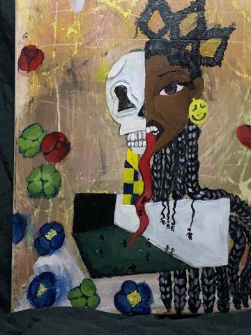 Half skull, half woman with braided hair and a crown, tongue out, surrounded by flowers.