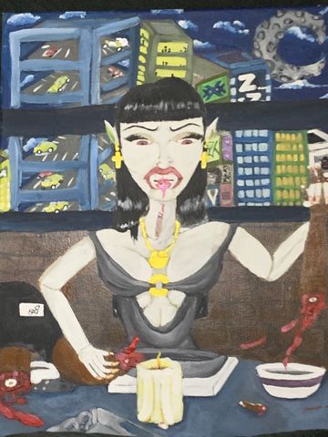 A vampire woman with blood on her mouth in a surreal cityscape at night.