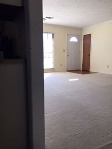 Empty living room with white carpet and front door.