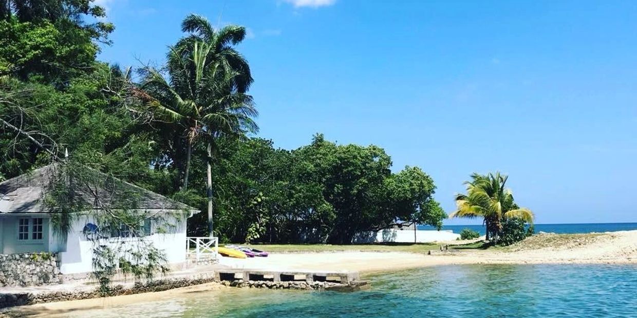 A cottage by the beach with palm trees and clear sky.