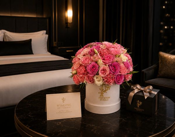 Elegant flower arrangement on hotel room table.