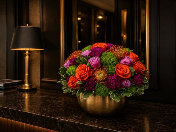 Colorful flower arrangement in gold vase on dark marble surface.