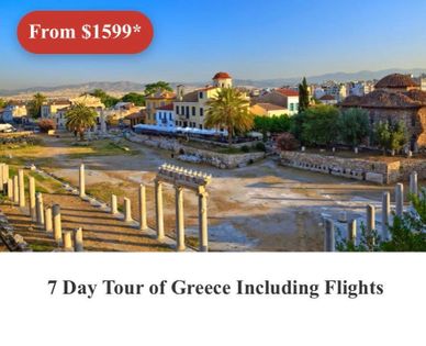 Ancient Greek ruins under clear skies, promoting a 7-day Greece tour from $1599.