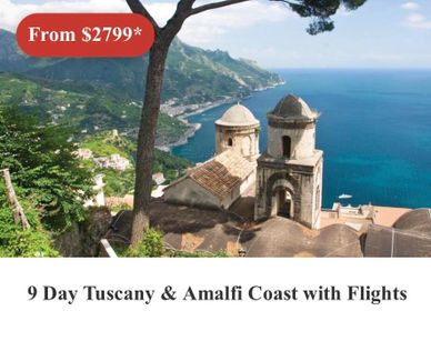 Scenic view of Amalfi Coast with historic buildings and blue sea.