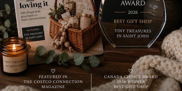 Award and cozy display featuring Tiny Treasures in Saint John.