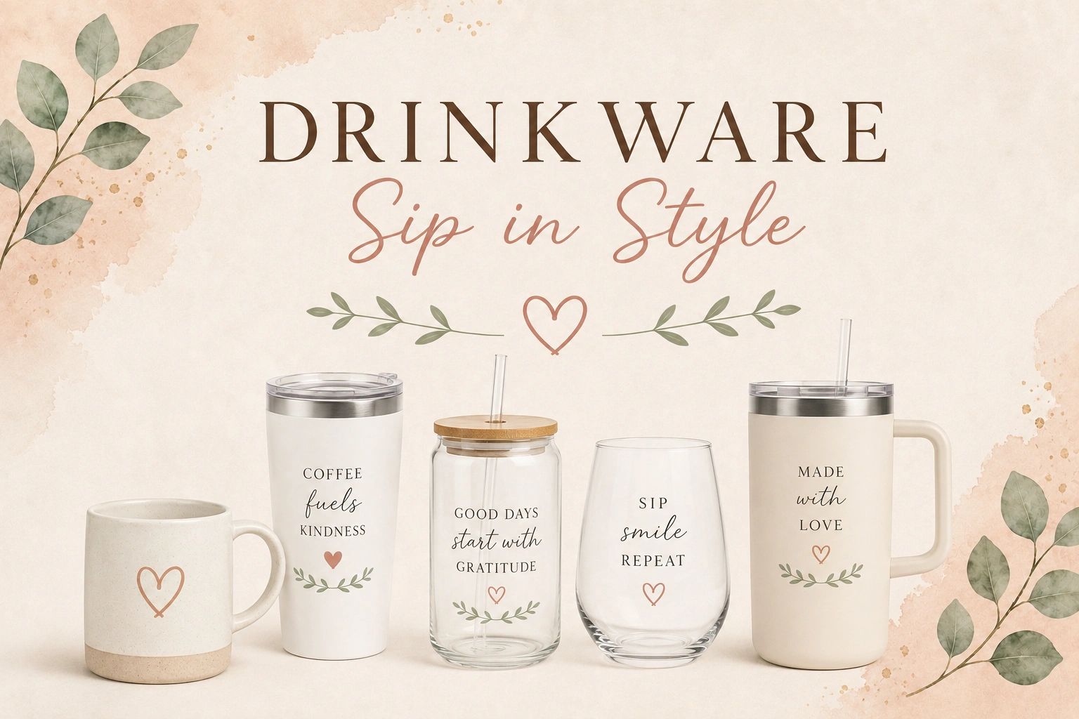 Assorted stylish drinkware with positive messages and heart designs.
