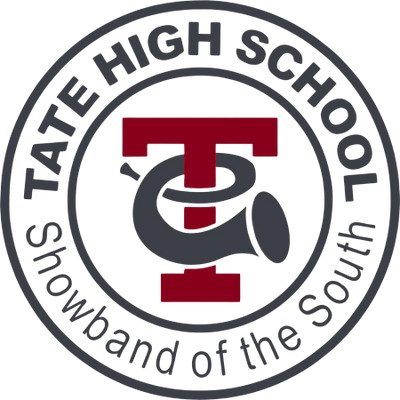 Logo of Tate High School Showband of the South featuring a red T and gray horn.