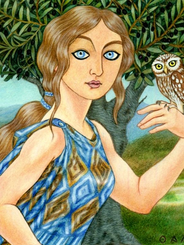 Athena and her little owl, Glaux. Art by Thalia Took.
