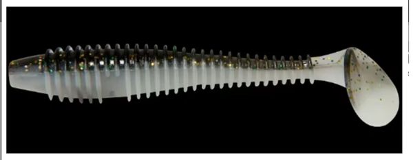 Soft plastic fishing lure with ribbed body and paddle tail.