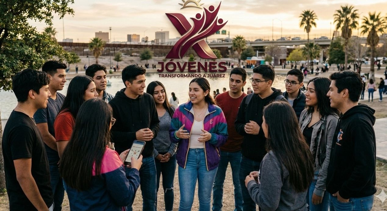 A group of young people gathered outdoors, engaging in a lively conversation with a logo above them.