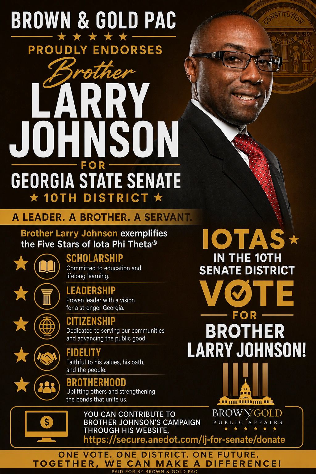 Campaign poster endorsing Brother Larry Johnson for Georgia State Senate, 10th District.