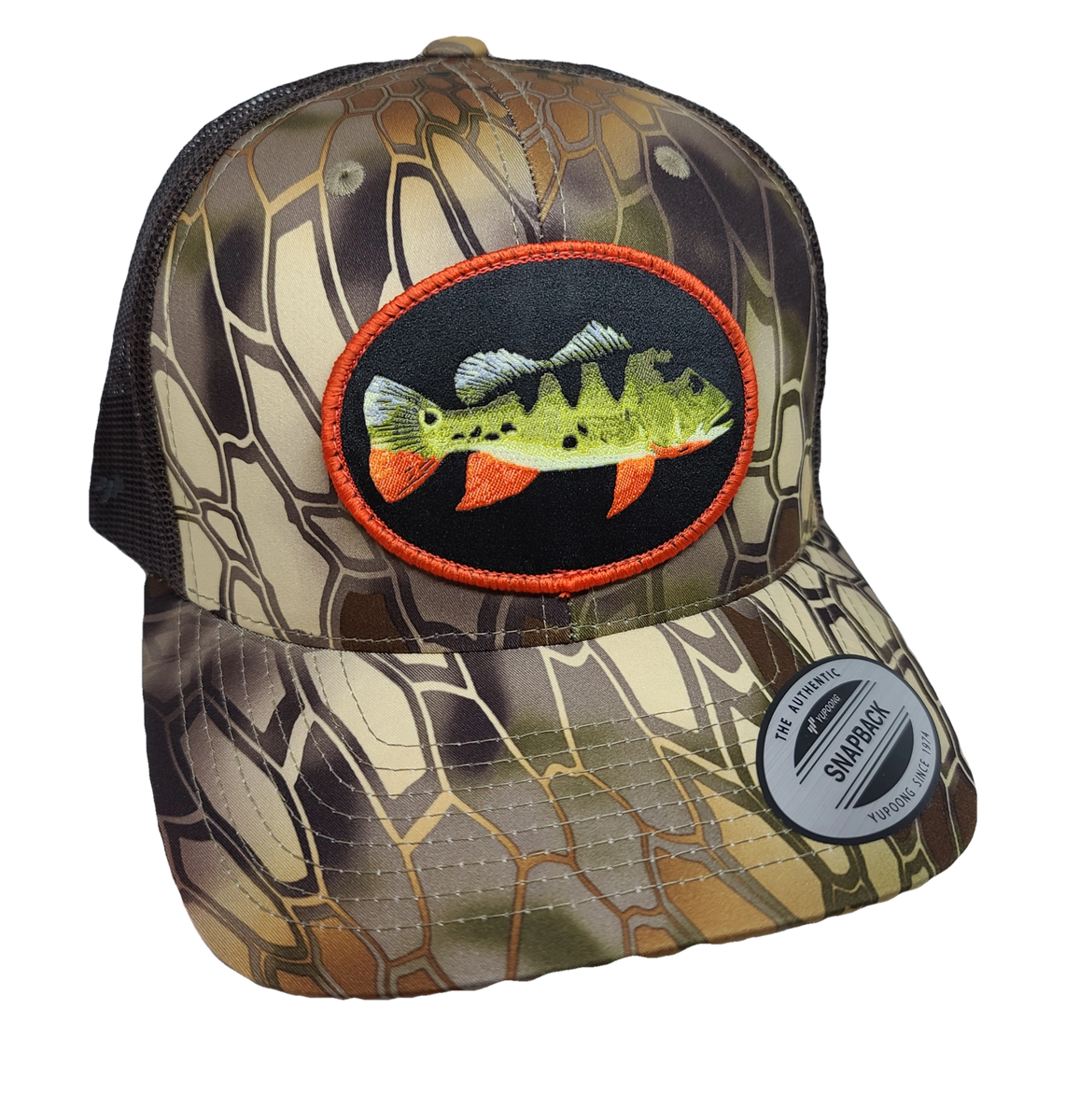 FishHeads Peacock Bass Fishing FlexFit Snapback Trucker Hat (Colors: Orange  Kryptek)